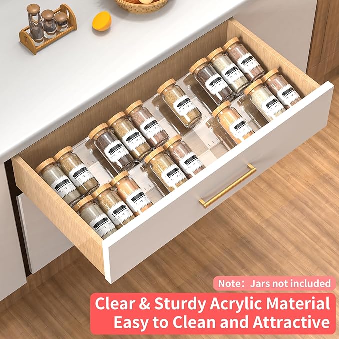 2-Tier Non-Slip Spice Drawer Organizer, 2-Pack Checkered Frosted Clear Acrylic, Expandable (11''-22'') Spice Rack for Kitchen Drawer Storage – Holds Seasonings, Herbs, and Spices (Jars Not Included)-CasaMuseHome