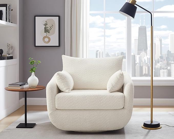 360° Swivel Accent Armchair, 39.3" Oversized, Sherpa Boucle Fabric Sofa Chair with Removable Back & Arm Pillows, Swivel Chair with Cozy Soft Padded, No Assembly Required (1, Cream White)-CasaMuseHome