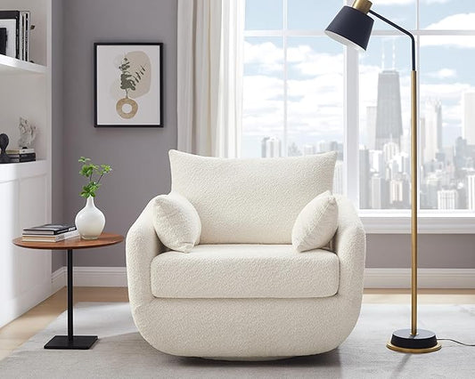 360° Swivel Accent Armchair, 39.3" Oversized, Sherpa Boucle Fabric Sofa Chair with Removable Back & Arm Pillows, Swivel Chair with Cozy Soft Padded, No Assembly Required (1, Cream White)-CasaMuseHome