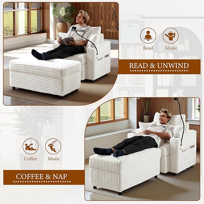 Accent Chair with Storage Ottoman Upholstered Living Room Chairs for Reading Chair with Chaise Lounge Chairs Indoor, Comfortable Armchair for Bedroom-CasaMuseHome