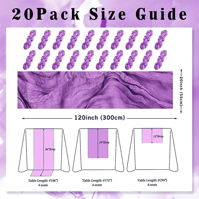 20 Pack Purple Cheesecloth Table Runner 10FT Boho Fabric Rustic Cheese Cloth Table Runner for Wedding Bridal Shower Baby Shower Gauze Sheer Birthday Party Table Decorations 20 x 120 Inch Long-CasaMuseHome