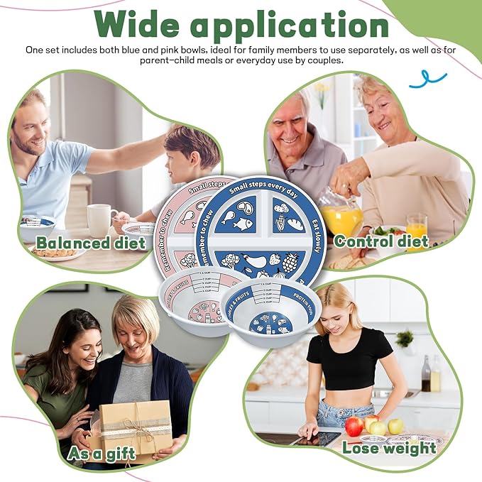 4 Pcs Portion Control Plates & Bowls Set (2 Plates + 2 Bowls, 9 Inch) - Self-Measuring for Weight Loss, Gastric Bypass, LapBand, Diabetes & Healthy Diets, Pink & Blue, for Adults & Children-CasaMuseHome