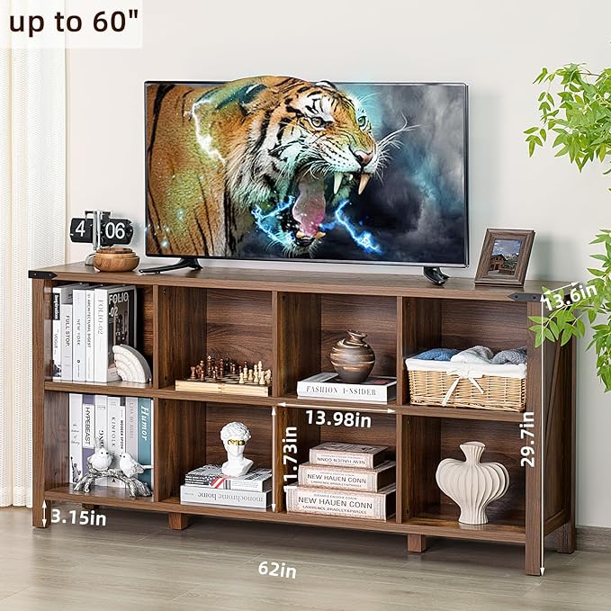 8 Cube Book Shelf, Farmhouse Wood Long Storage Organizer Bookcase, 62" Horizontal Brown Walnut Console Closet Bookshelf, Hallway TV Stand for Entryway, Display Cabinet Book Case for Office-CasaMuseHome