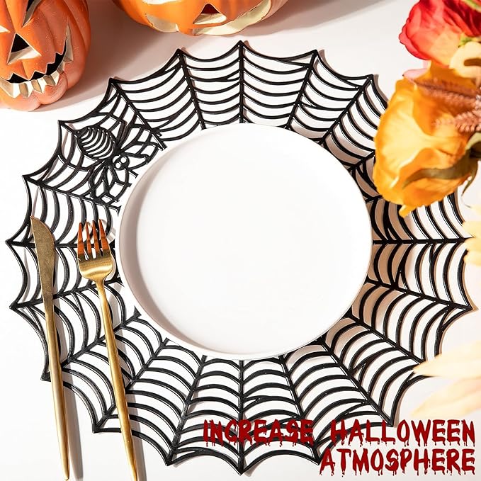 8 Pcs Spider Web Placemats - 15" Heat Insulation Table Mats - Hollow Out Spiderweb Coasters for Dining Table Halloween Decoration (Black)-CasaMuseHome