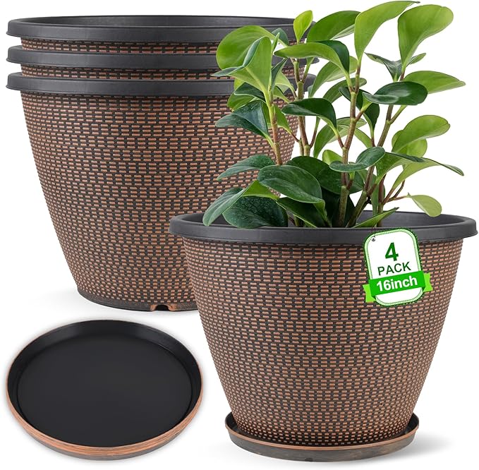 16 inch Plant Pots, Large Planters for Outdoor Plants Set of 4, Round Plastic Flower Pots with Drainage Holes & Trays, Modern Decorative Indoor Garden Pot, Plant Container for House (Black Copper)-CasaMuseHome