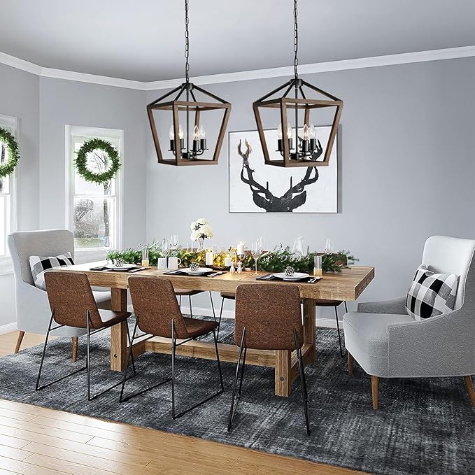 4-Light Lantern Pendant Light,Black Wood Cage Farmhouse Chandelier for Kitchen Island,12'' Rustic Metal Geometric Hanging Lighting Fixture for Kitchen Island Dining Room Bedroom Foyer Entry-CasaMuseHome