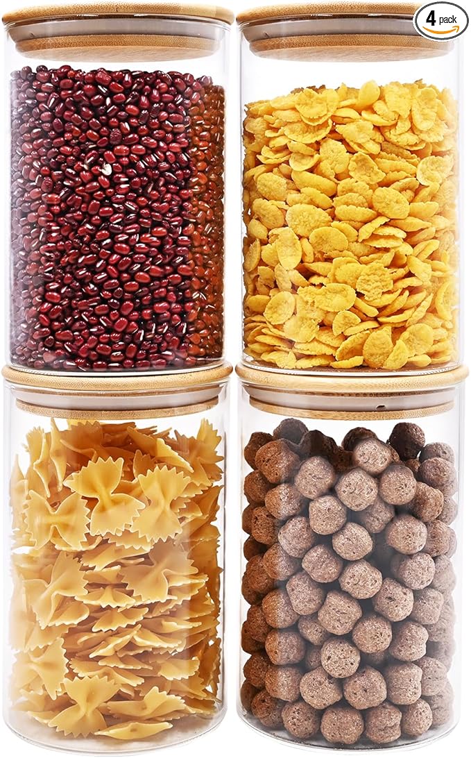 32oz Glass Food Storage Jars, Glass Jars with Bamboo Lids, Kitchen Storage Jars, Canisters with Airtight Lids for Spice, Coffee, Cookie, Set of 4, Pantry Organizers-CasaMuseHome