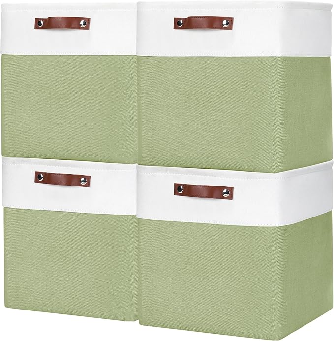 13x13 Cube Storage Bins, Collapsible Fabric Storage Box, 4 Pack Closet Baskets with Handles for Organizing, Shelf, Toys, Clothes, Home, Office, Nursery (Green&White)-CasaMuseHome