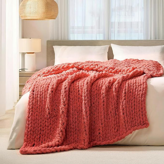 L'AGRATY Chunky Knit Blanket Throw: 50''x60'' Chenille Chunky Knitted Throw Blankets for Bed Couch - Handmade Thick Cable Knit Blanket - Large Crochet Rope Blankets for Home Decor(Coral Pink)
