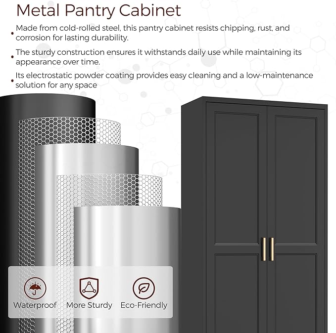 71" Tall Metal Pantry Cabinet, Black Kitchen Pantry Storage Cabinet with 4 Adjustable Shelves and Gold Handles, Cupboard for Kitchen, Dining Room, Living Room, Bathroom-CasaMuseHome