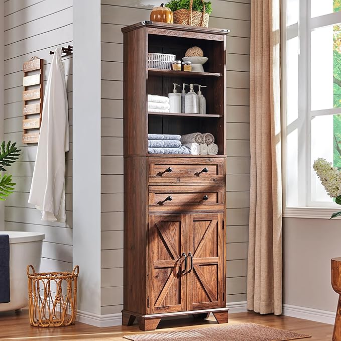 72" Tall Bathroom Storage Cabinet, Farmhouse Storage Cabinet with Adjustable Shelves, Barn Door & 2 Drawers, Cabinet for Bathroom, Living Room & Kitchen, Brown-CasaMuseHome