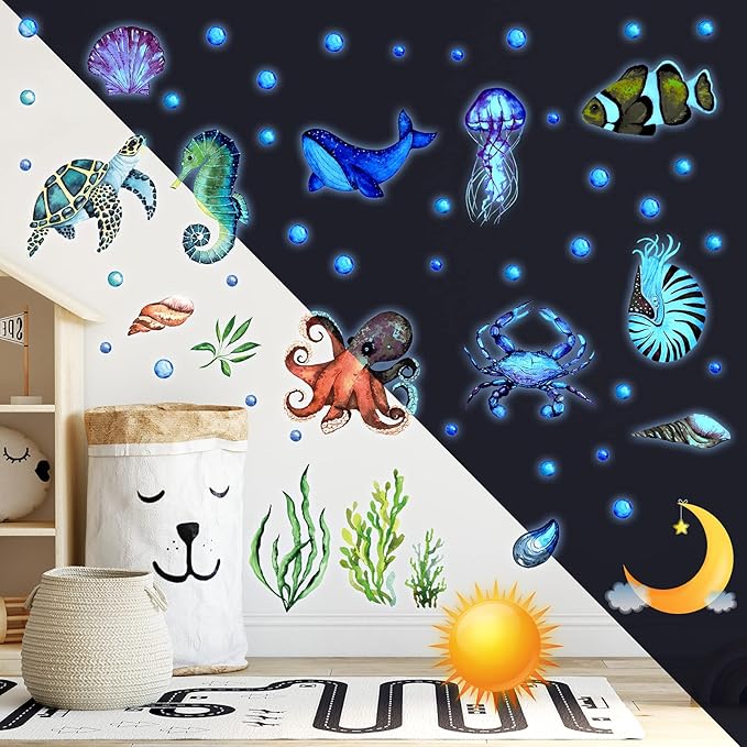 52 Pcs Ocean Fish Wall Decals Glow in The Dark Under The Sea Wall Decals Sea Animals Stickers Removable Waterproof Peel and Stick for Kids Bathroom Watercolor Ocean Decor(Funny Style)-CasaMuseHome