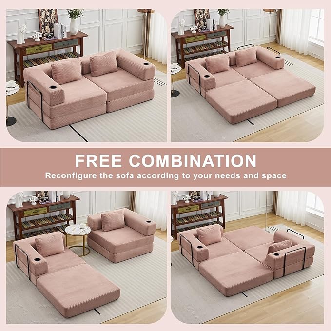 78" W Loveseat Sofa, 4 in 1 Convertible Floor Sofa Bed, Boneless Cloud Couch with Cup Holder, Fold Out Floor Couch, Loveseat Recliner Sleeper for Living Room Bedroom Lounge(Corduroy, White)-CasaMuseHome