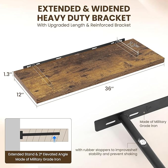 36" Floating Shelves for Wall, 12" Deep Slim Rustic Brown Floating Shelves, Wall-Mounted Shelves for Bedroom, Living Room, Kitchen, Bathroom - Set of 2-CasaMuseHome