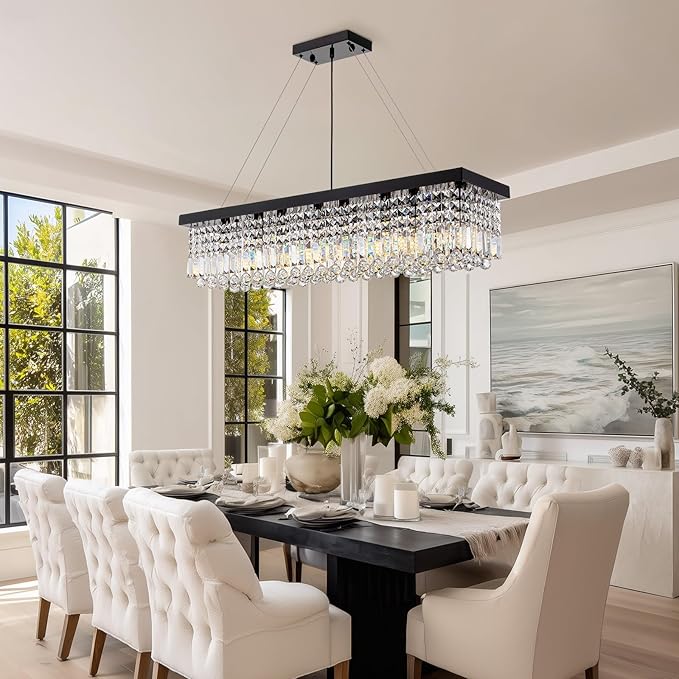 8 Light Modern Crystal Chandelier for Dining Room,Rectangular Rectangle Raindrop Crystal Light Fixture,Height Adjustable for Kitchen Island L40''xW10''xH10''-CasaMuseHome