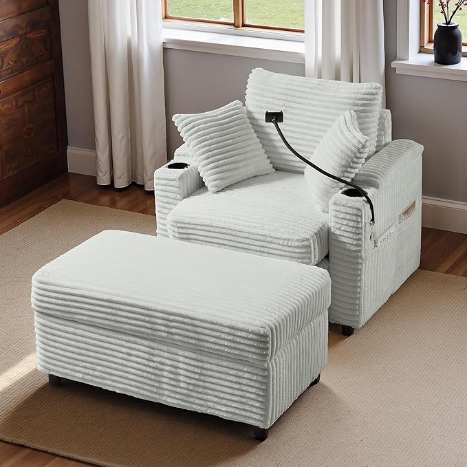 Accent Chair with Storage Ottoman Upholstered Living Room Chairs for Reading Chair with Chaise Lounge Chairs Indoor, Comfortable Armchair for Bedroom-CasaMuseHome