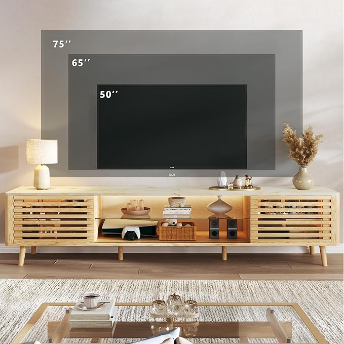 70" Mid Century Modern TV Stand for 55/65/75 Inch TV, Faux Marble Top Entertainment Center with Slatied Sliding Door & LED Lights, Low TV Console with Glass Shelves for Bedroom, Living Room-CasaMuseHome