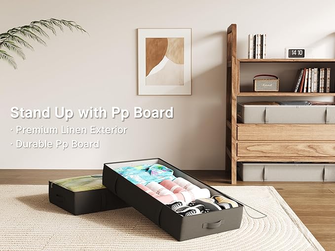 2-Pack Under Bed Storage Containers, 8 Inches Tall Underbed Clothes Storage Organizer Bin with Sturdy Sidewalls/Bottom, Under the Bed Storage Bags 2 Storage Bins, Black-CasaMuseHome