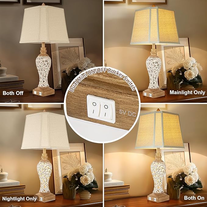28.5" Rustic Table Lamp Set of 2 For Living Room Farmhouse Lamps for Bedroom, Bedside Lamps with Night Lights And USB C+A Charging Ports for Decor Office Study Hotel (Bulbs Included)-CasaMuseHome
