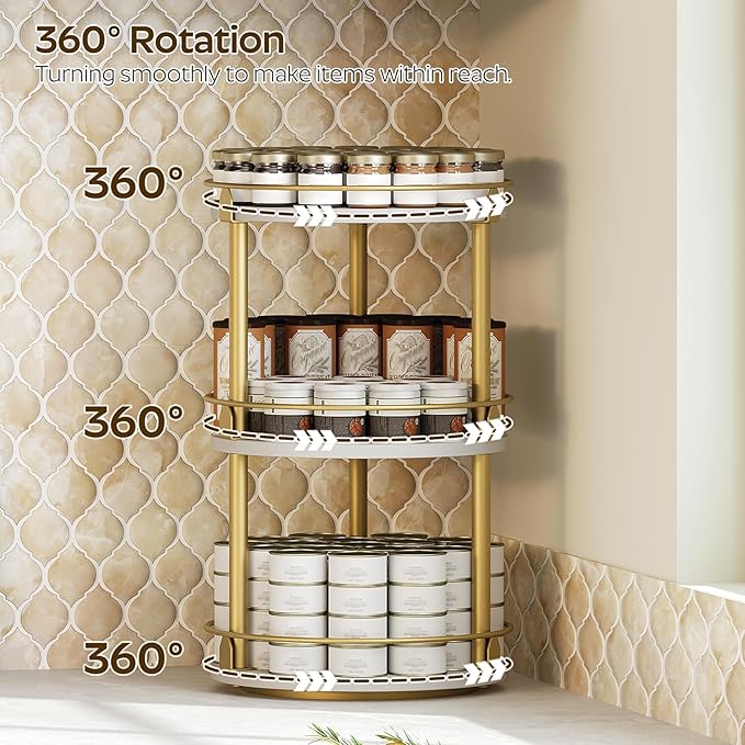 3-Tier Lazy Susan, Rotating Spice Rack, Spinning Organizer, Industrial Turntable Spice Rack for Cabinet, Kitchen Countertop, Pantry, White and Gold SR23DW-CasaMuseHome