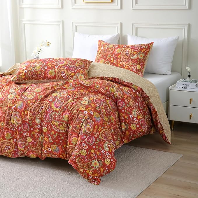 ABREEZE Paisley Bedding Sets 3Pcs Brushed Cotton Duvet Cover Set Queen Size Rustic Damask Red Floral Comforter Cover with Zipper Closure Boho Bedding Collections-CasaMuseHome