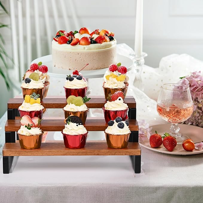 3 Tier Wooden Display Riser Stand Perfume Organizer with Metal Stand, Dessert Table Display Set, Food Display Stands for Party, Brown Rustic Solid Wood Shelf for Cupcakes, Perfume, Cologne, Spiece-CasaMuseHome