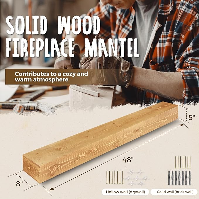 48x8x5 Fireplace Mantel - Handcrafted Rustic Solid Wood Wall Mounted Floating Shelf with Invisible Heavy Duty Wood Bracket (Natural)-CasaMuseHome