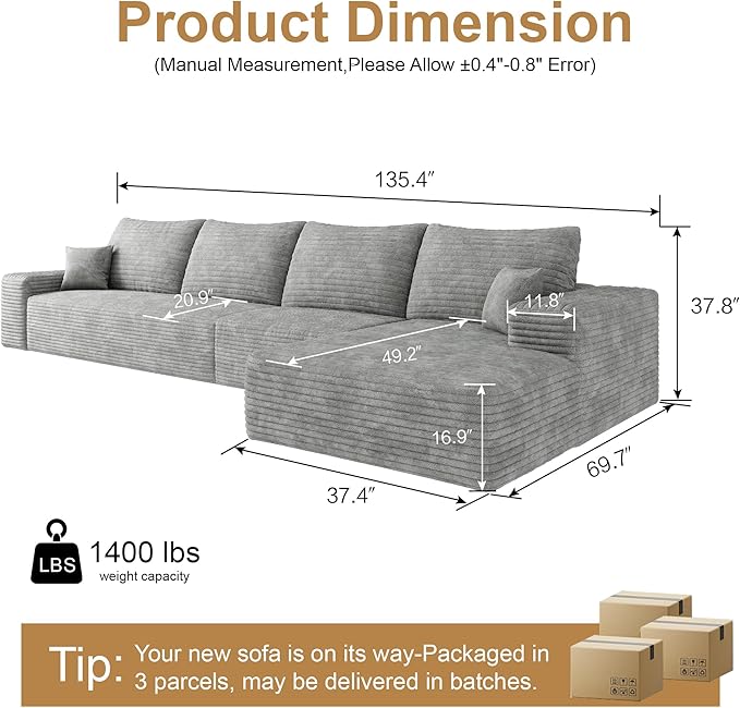 136" Sectional Couches for Living Room Modern Modular Sofa with L-Shape Couchs Upholstered Boneless Couch Deep Seat Sectional Couch with Chaise (Grey, Right Facing Chaise+3Seaters)-CasaMuseHome
