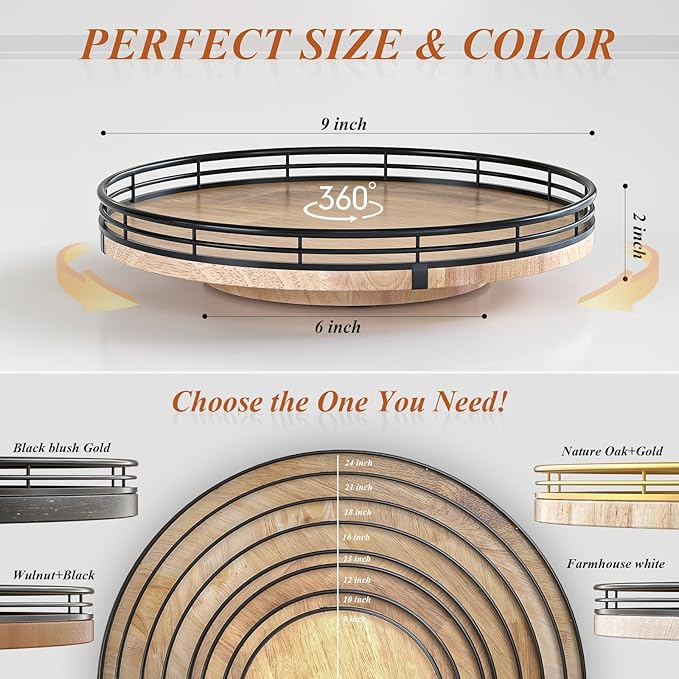 9" Oak Wood Lazy Susan Turntable Organizer for Cabinet, Round Wooden Farmhouse Lazy Susan Organization and Storage for Dining Table, Pantry, Kitchen, Countertop, Cupboard,Home Decor-CasaMuseHome