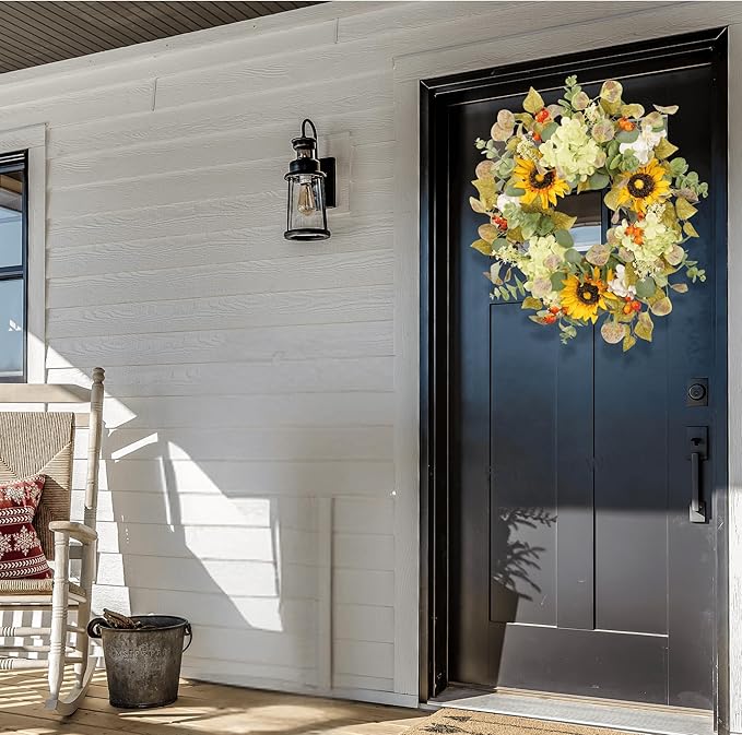 20IN Sunflower Wreath for Front Door Summer Hydrangea Wreath with Eucalyptus Leaves Orange Berries Farmhouse Door Decor for Easter, Mother’s Day, Indoor Outdoor Seasonal Wall Hanging-CasaMuseHome