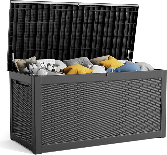260 Gallon Resin Deck Box, Lockable Patio Outdoor Storage Box for Furniture, Garden Tools and Tools Storage, Waterproof Outside Storage Boxes - Black-CasaMuseHome