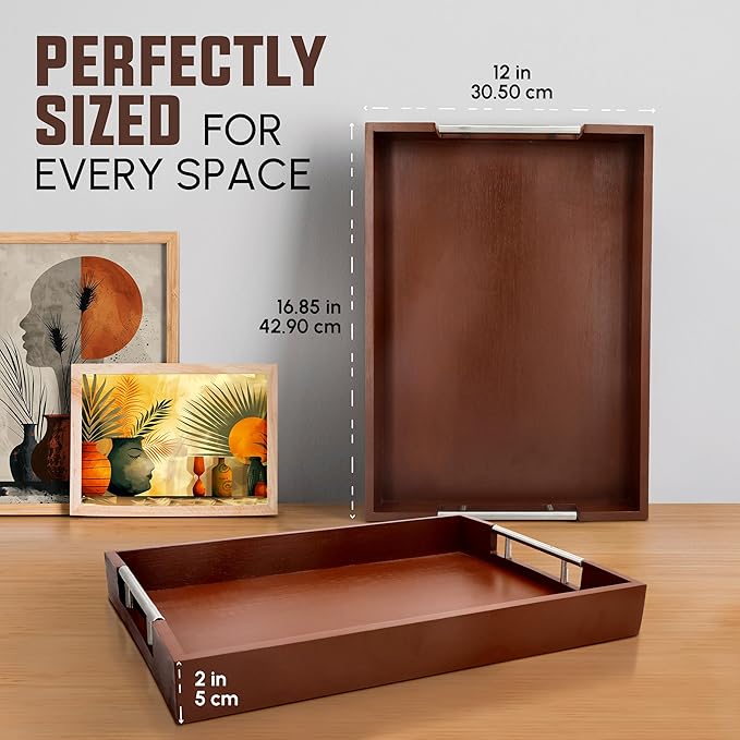 Acacia Wood Serving Tray with Handles - 17" x 13" Rectangular, Decorative Ottoman Tray for Living Room, Coffee Table, Breakfast in Bed, Candle Display-CasaMuseHome