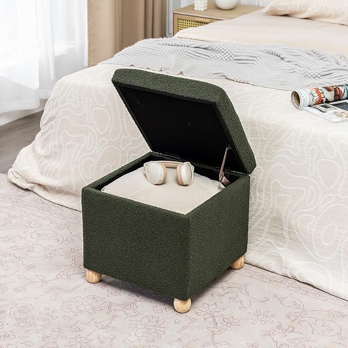 Adeco 17 Inch Soft Dark Green Cube Ottoman Storage, Teddy Velvet Chair Foot Stools, Upholstered Vanity Stool with Hinged Lid, Solid Round Wood Legs-CasaMuseHome