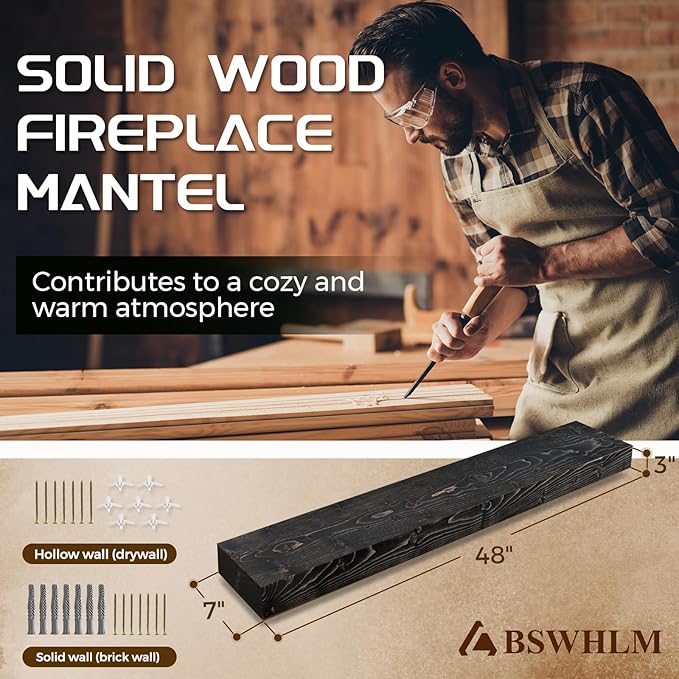 48x7x3 Fireplace Mantel - Solid Rustic Wood - Wall Mounted Floating Shelf with Invisible Heavy Duty Steel Bracket (Weathered Black)-CasaMuseHome