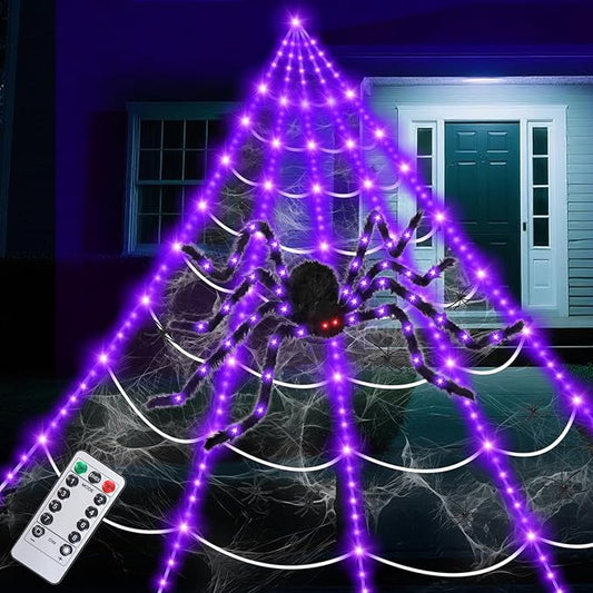 16.4 X 15.8Ft Giant Spider Web Halloween Decorations with 250 LED Lights, Halloween Spider Web Outdoor with 5Ft Large Spider, 3.53 Oz Stretch Web and 20 Small Spiders for Yard House Party Decoration-CasaMuseHome