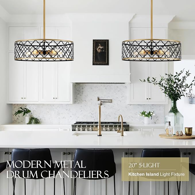 5-Light Drum Chandeliers for Dining Room,19.7" Rustic Farmhouse Dining Room Light Fixture, Black&Gold Metal Hanging Pendant Light for Living Room Bedroom Kitchen Entryway Foyer-CasaMuseHome