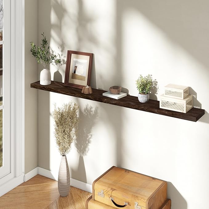 72" Floating Shelves for Wall, Rustic Elm Wood Floating Shelf for Home Decor, Wall-Mounted Display Shelves with Heavy-Duty Bracket, Long Floating Shelf for Bathroom, Kitchen, Living Room, Walnut Color-CasaMuseHome