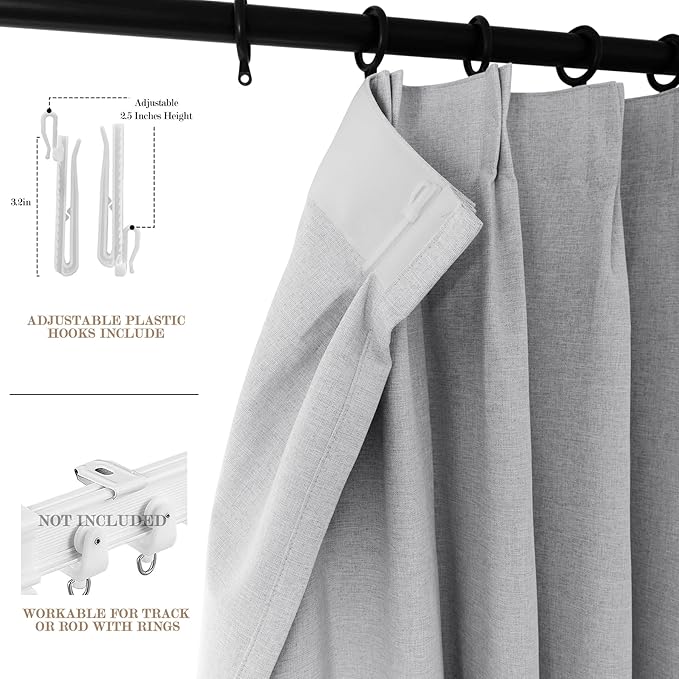 70" W x 108" L Faux Linen Room Divider Curtains, Full Blackout Pinch Pleated Drapes for Traverse Rod, Bedroom Divider Privacy Drapery with Hooks for Ceiling Track, 1 Panel, Silver Grey-CasaMuseHome