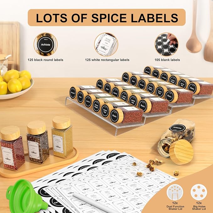 24 Spice Jars with Spice Drawer Organizer, 355 Spice Labels, 4 Pack Expandable From 11'' to 21'' Acrylic Spice Rack for Drawer, Seasoning Containers Storage Organization for Kitchen Cabinet Countertop-CasaMuseHome