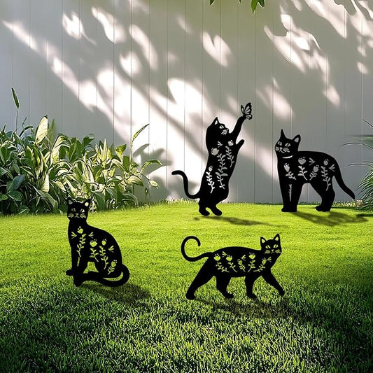 4 Pack Cat Metal Garden Decorative Stakes, Weather Proof Silhouette Statues for Yard, Patio,Outdoor Decor for Cat Lovers and Pet Owners-CasaMuseHome