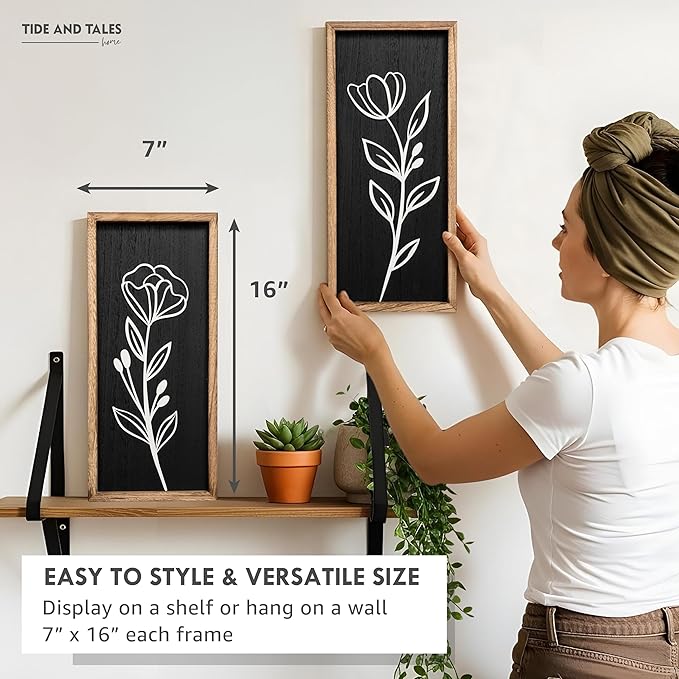 3D Vintage Black Living Room Decor (Set of 2) Lightweight, Wooden Ready-to-Hang Framed Moody Floral Wall Art for Bathroom, Bedroom or Office - Dark Textured Boho Farmhouse Wall Decor - Gift-Boxed-CasaMuseHome