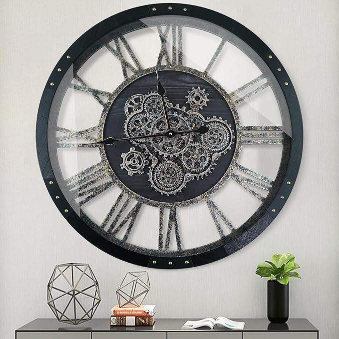 27 Inch Moving Gear Wall Clock, Oversized Wall Clocks, Clock Living Room Decor, Solid Wood Frame, Battery Operated, Large Wall Clock with Steampunk Industrial for Fireplace(Black)-CasaMuseHome