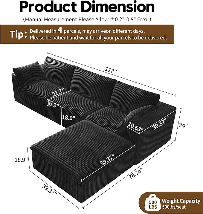118" L Shaped Modern Sofa Modular Sectional Cloud Couch with Ottoman,Deep Seat Upholstered Couches with Plush Corduroy Fabric for Living Room Furniture,Bedroom and Apartment,No Assembly Required,Black-CasaMuseHome