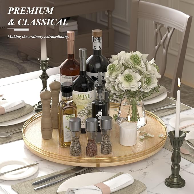 21-Inch Wooden Lazy Susan Turntable – Premium Oak & Iron, Extra Large Rotating Serving Tray for Dining Table, Kitchen Countertop, Farmhouse Décor, Spice Rack, Charcuterie & Entertaining-CasaMuseHome