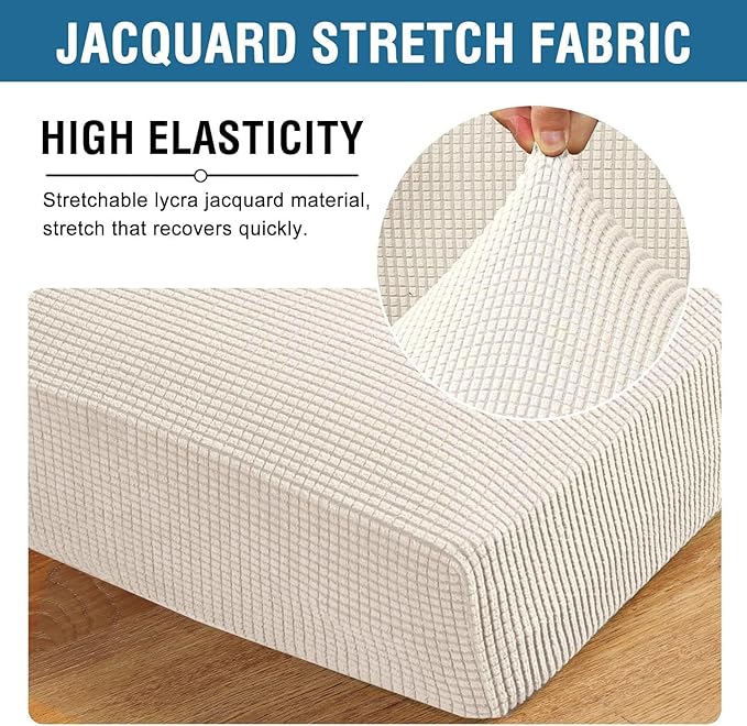 H.VERSAILTEX Super Stretch Individual Seat Cushion Covers Sofa Covers Couch Cushion Covers Slipcover Sets Thick Jacquard Textured Twill Fabric (2 Piece Medium Sofa Cushion Covers, Ivory)-CasaMuseHome