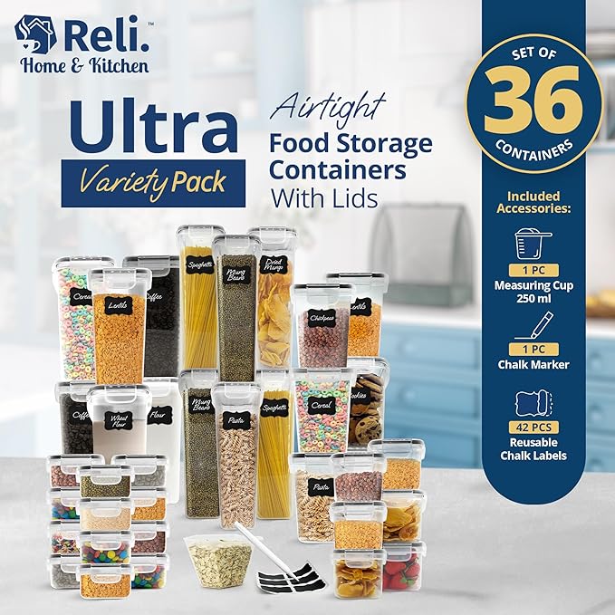 Reli. Airtight Food Storage Containers with Lids (36 Sets) | Kitchen Organizers and Storage Pantry Organizers | BPA Free Plastic Food Containers | Ultra Variety Pack w/Measuring Cup, 42 Labels, Pen-CasaMuseHome