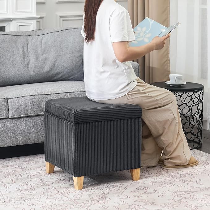 Adeco 18 Inch High Faux Fur Grey Cube Ottoman Storage, Fluffy Striped Velvet Chair Foot Stools, Small Bench Upholstered Vanity Stool with Hinged Lid, Solid Wood Legs-CasaMuseHome