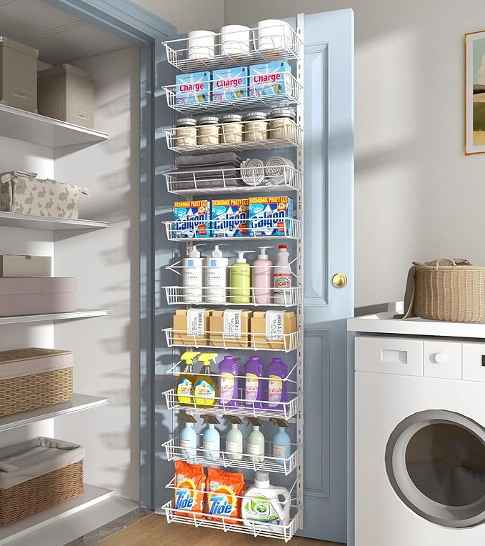White 10-Tier Over The Door Pantry Organizer, Pantry Organization and Storage, Metal Hanging Adjustable Basket, Wall Spice Rack Seasoning Shelves, Home & Kitchen Essentials-CasaMuseHome