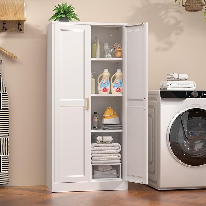 60" Tall Metal Pantry Cabinet, White Kitchen Pantry Storage Cabinet with 3 Adjustable Shelves and Gold Handles, Cupboard for Kitchen, Dining Room, Living Room, Bathroom-CasaMuseHome