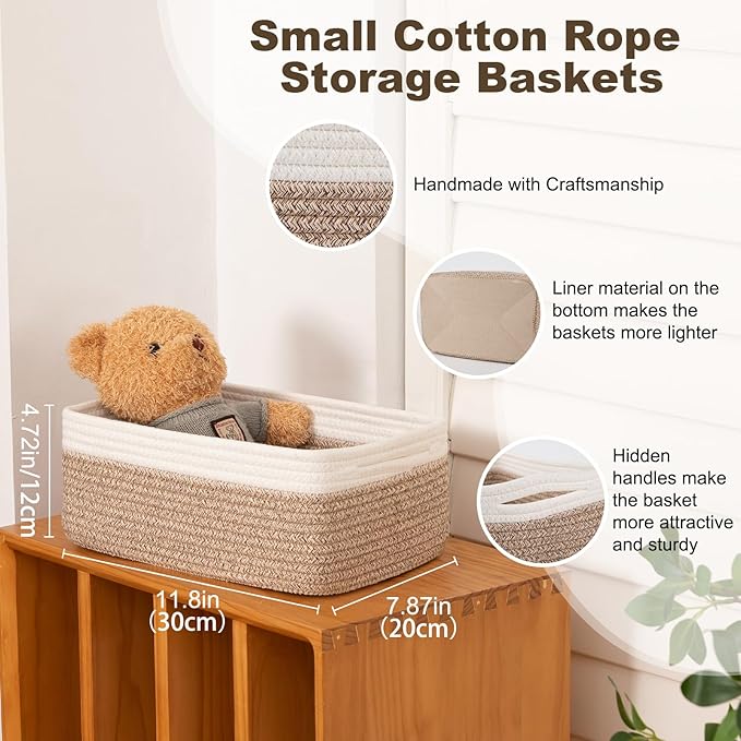 3 Pack Small Storage Baskets for Organizing, Cute Woven Decorative Gift Baskets for Shelves, Mini Closet Organizer Bins with Handles, 11.81''Lx7.87''Wx4.72''H-Brown and White-CasaMuseHome